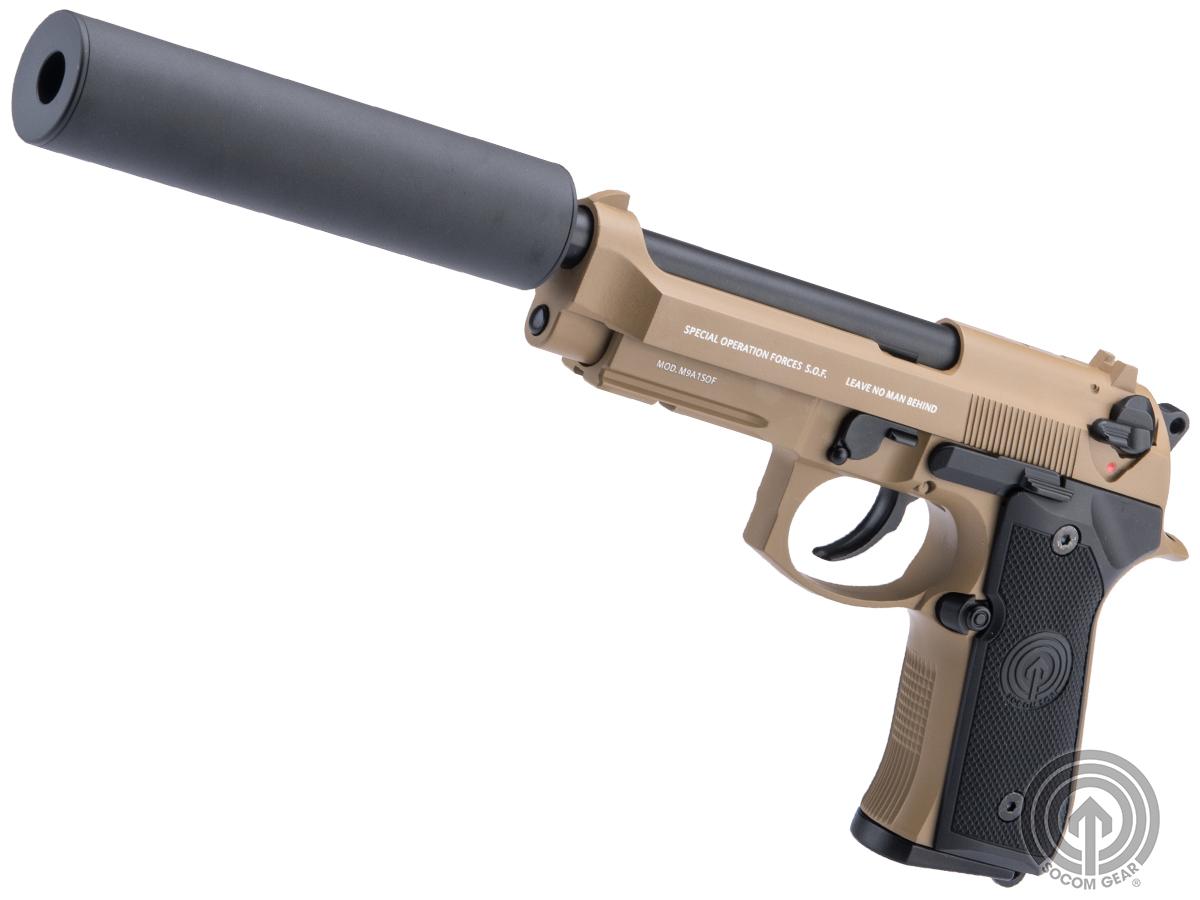 Socom Gear WE M9A1 SOF Gas Blowback Airsoft Pistol (Color: Desert / Gemtech Trinity Airsoft Mock Silencer Package)