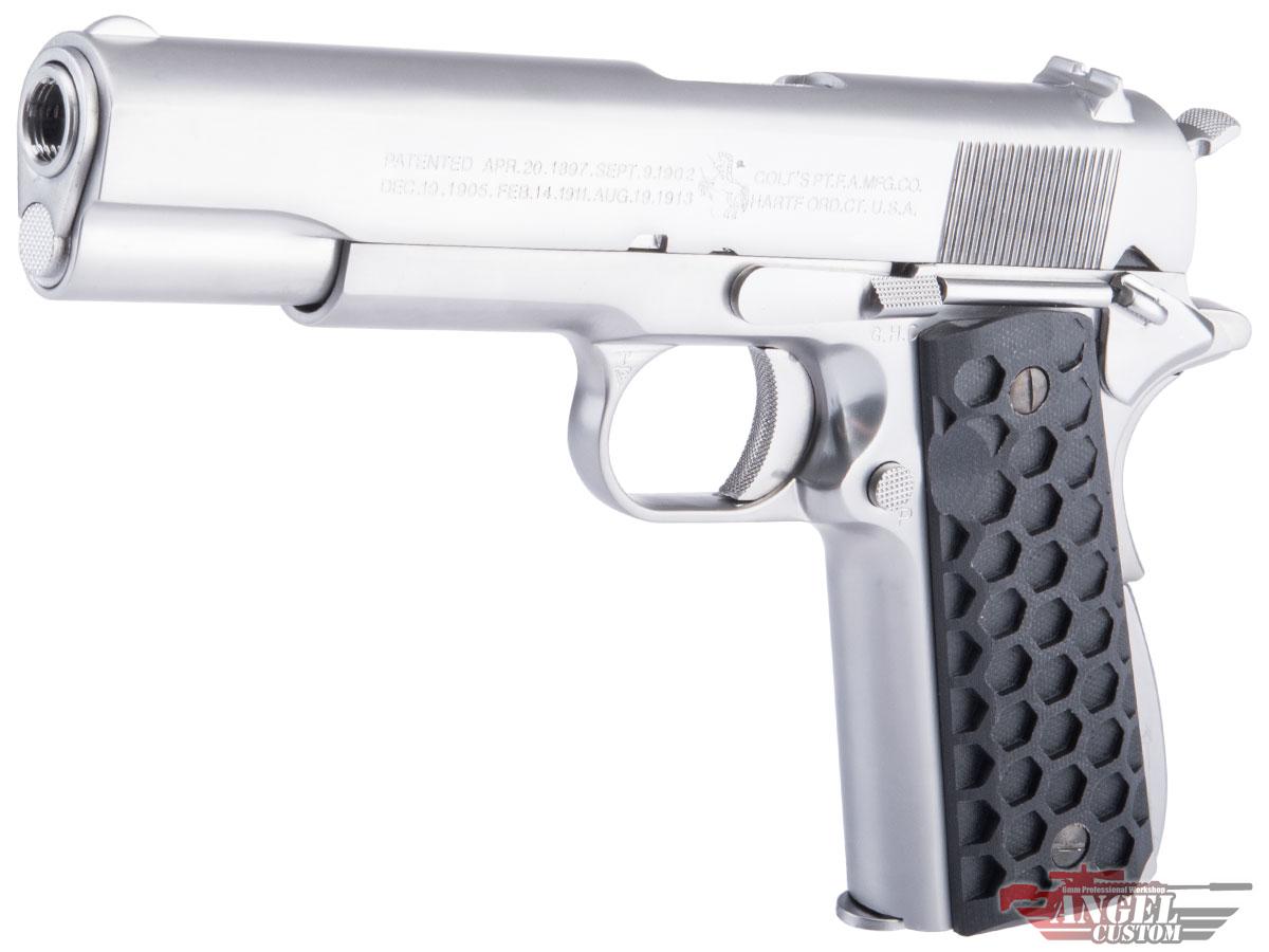 Evike.com Custom Cybergun Colt Licensed 1911A1 Gas Blowback Airsoft Pistol w/ Angel Custom CNC G10 Grip (Model: CO2 / Silver / Hive Carbon Black)