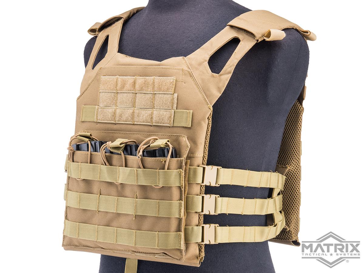 Matrix Level-1 Plate Carrier w/ Integrated Magazine Pouches & 2 Pistol Belt w/ Tornado Leg Holster (Color: Coyote Brown)