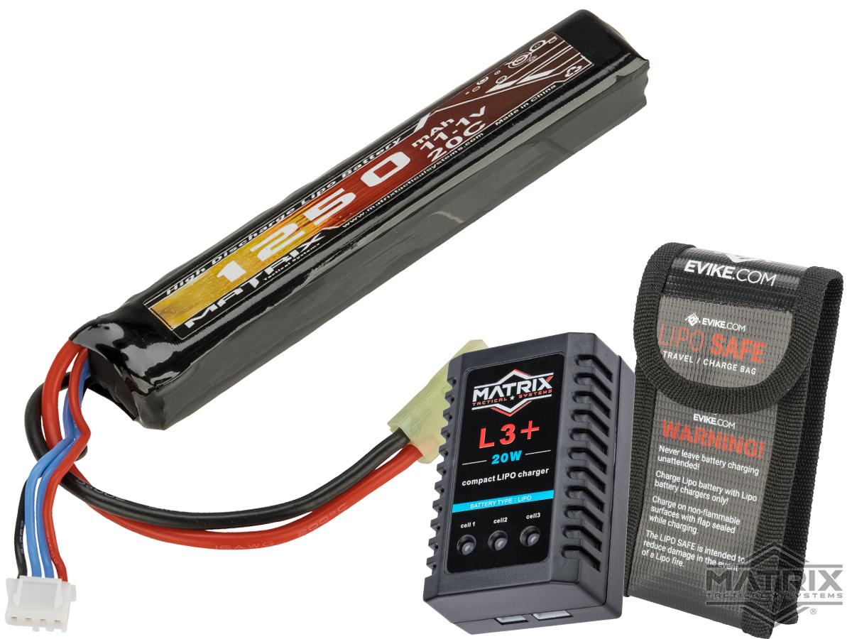 Matrix High Performance 11.1V Airsoft LiPo Battery Starter Pack w/ BMS Smart Charger (Model: Stick Type / 1250mAh - 12C / Small Tamiya)