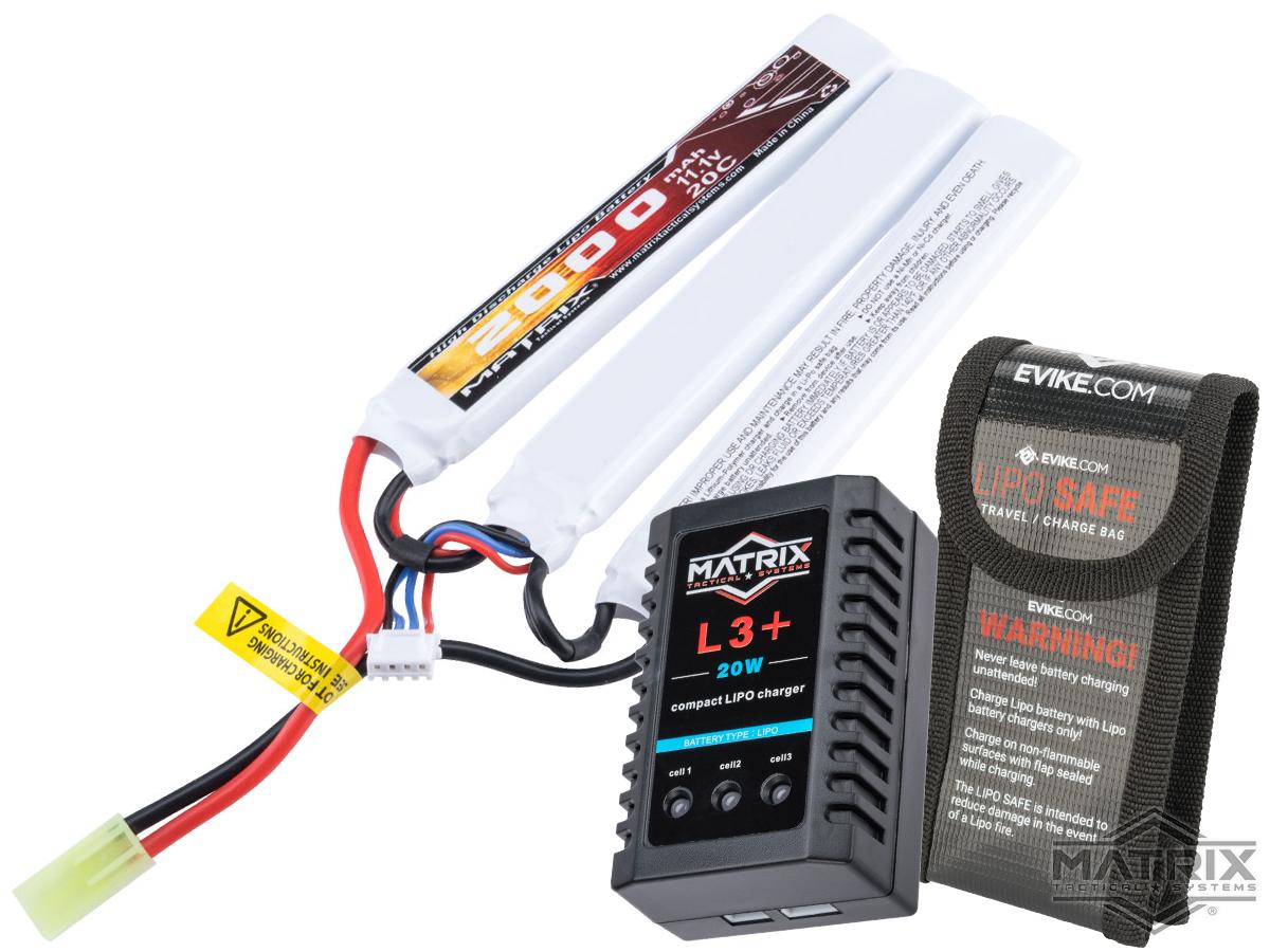 Matrix High Performance 11.1V Airsoft LiPo Battery Starter Pack w/ BMS Smart Charger (Model: Butterfly Type / 2000mAh - 20C / Small Tamiya)