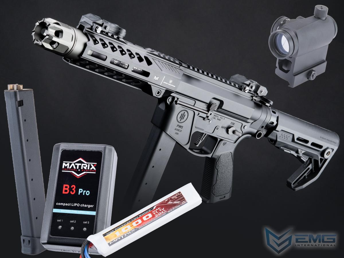 EMG Strike Industries x PWS Licensed 9mm Pistol Caliber Carbine AEG (Model: 7 CQB Rail / M4 Stock / 350 FPS / Go Airsoft Package)