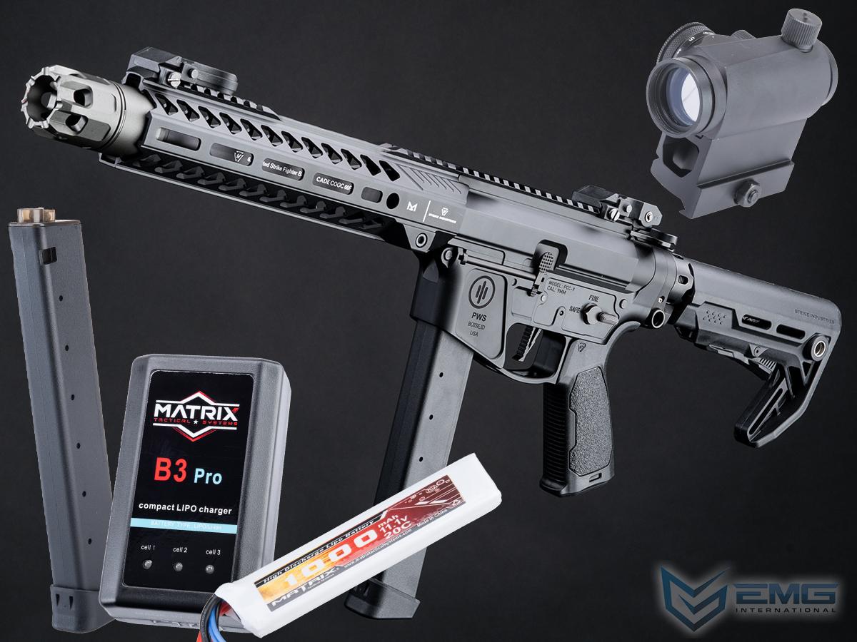 EMG Strike Industries x PWS Licensed 9mm Pistol Caliber Carbine AEG (Model: 10 CQB Rail / M4 Stock / 400 FPS / Go Airsoft Package)