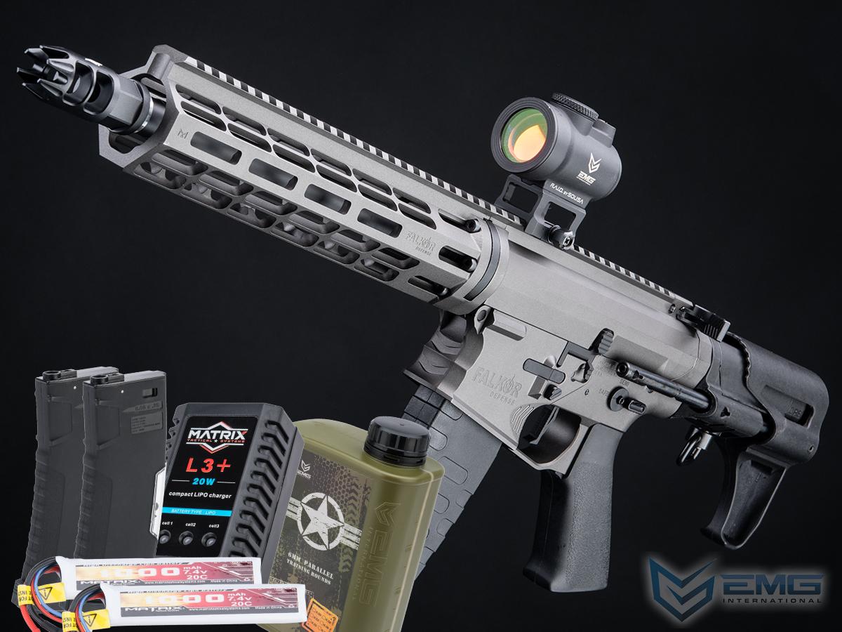 EMG Falkor Blitz Compact M4 w/ eSilverEdge Gearbox Airsoft AEG Training Rifle (Color: Falkor Grey / CRS Stock 350 FPS / Tactical Package)