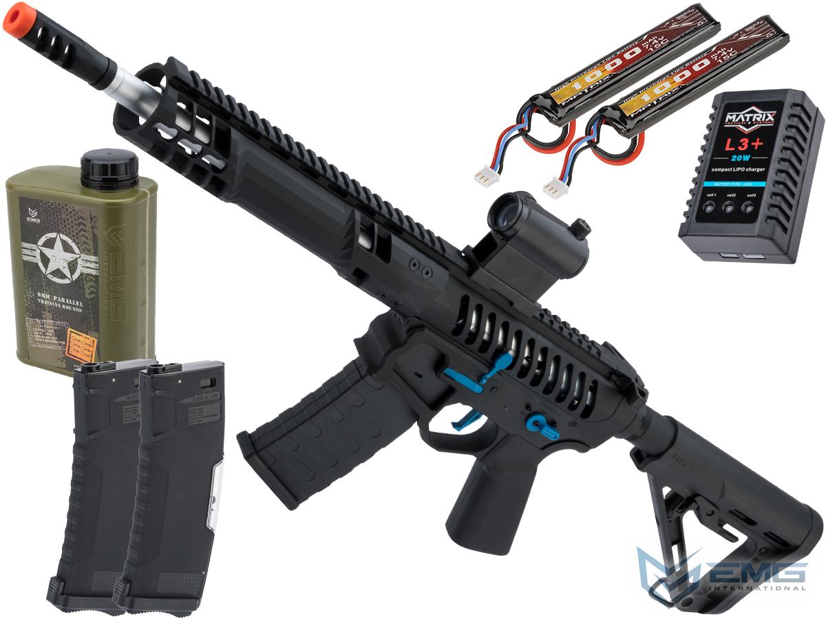 EMG F-1 Firearms SBR Airsoft AEG Training Rifle w/ eSE Electronic Trigger (Model: Black - Blue / RS-3 350 FPS / Tactical Package)