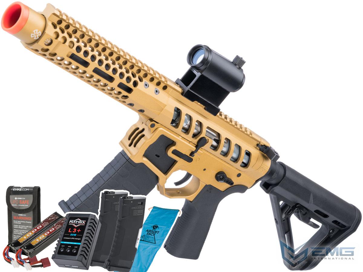 EMG F-1 Firearms PDW AR15 eSilverEdge Airsoft AEG Training Rifle (Model: 3G Style 2 / RS3 / Gold / Go Airsoft Package)