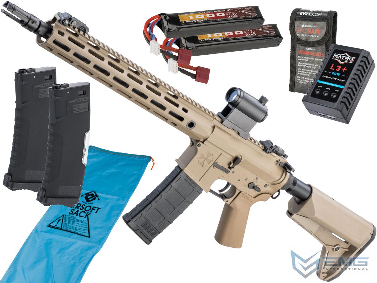 EMG Umbrella Corporation Weapons Research Group Licensed M4 M-LOK Airsoft AEG Rifle (Color: Tan / Carbine / 350 FPS / Go Airsoft Package)