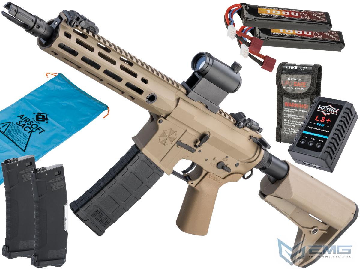 EMG Umbrella Corporation Weapons Research Group Licensed M4 M-LOK Airsoft AEG Rifle (Color: Tan / PDW / 350 FPS / Go Airsoft Package)