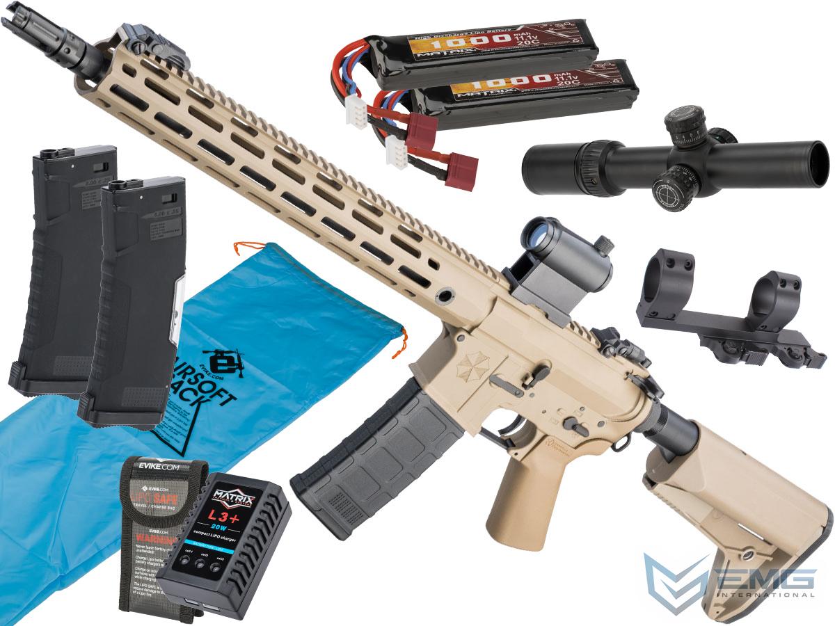 EMG Umbrella Corporation Weapons Research Group Licensed M4 M-LOK Airsoft AEG Rifle (Color: Tan / Rifle / Marksman's Go Airsoft Package)