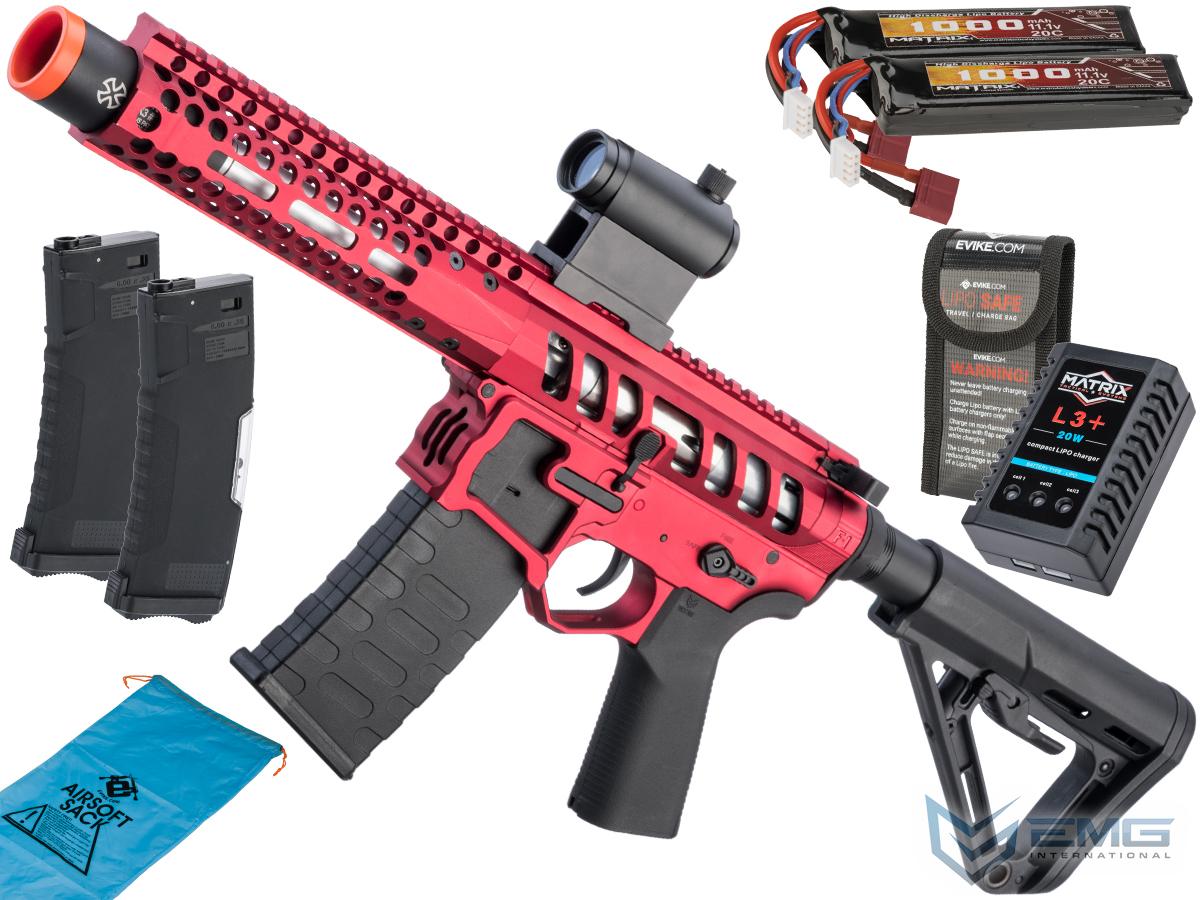 EMG F-1 Firearms PDW AR15 eSilverEdge Airsoft AEG Training Rifle (Model: 3G Style 2 / RS3 / Red / Go Airsoft Package)