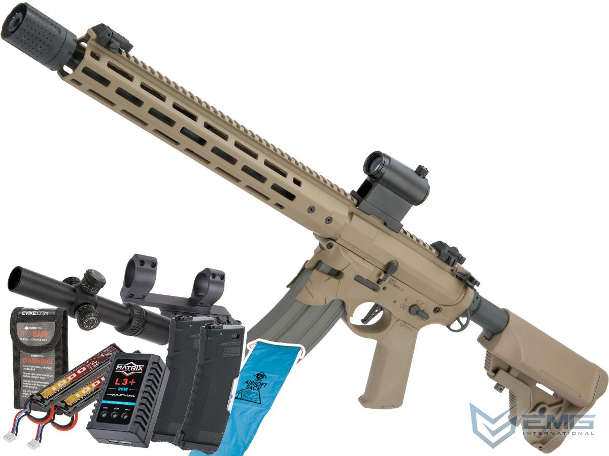 EMG / Sharps Bros Overthrow Licensed Advanced M4 Airsoft AEG Training Rifle w/ Slim Motor Grip (Color: Dark Earth / 16 RECCE / Marksman's Go Airsoft Package)