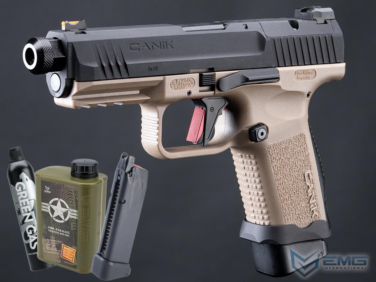 Canik x Salient Arms TP9 Elite Combat Airsoft Training Pistol Licensed by Cybergun / EMG (Color: Tan Two-Tone / Essentials Pack)