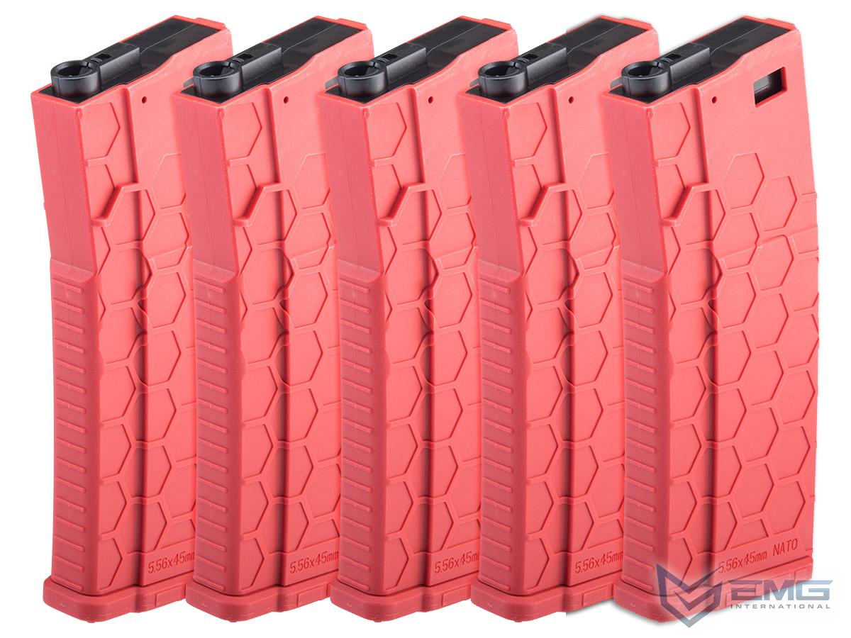 EMG Hexmag Licensed 230rd Polymer Mid-Cap Magazine for M4 / M16 Series Airsoft AEG Rifles (Color: Red / 5 Pack)