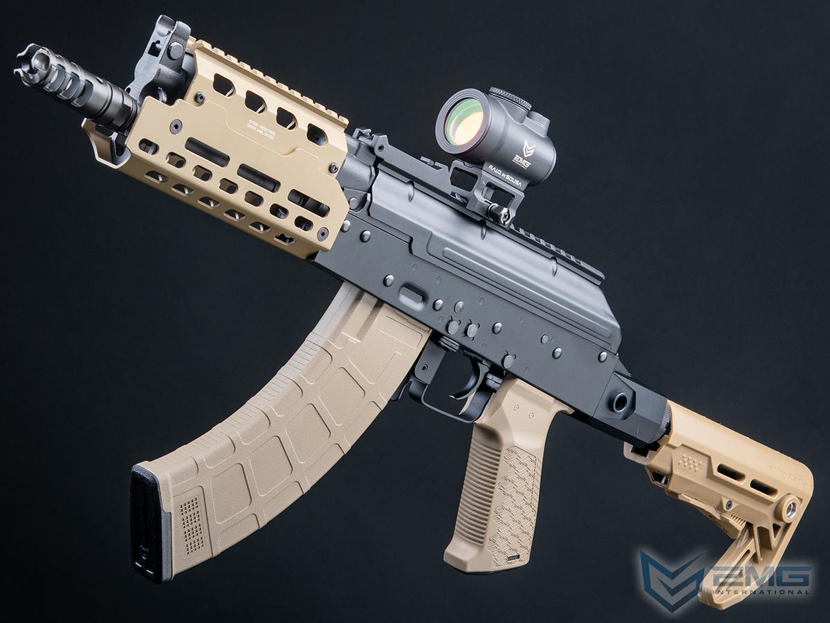 EMG Strike Industries TRAX AK74 Stamped Steel Airsoft AEG Rifle w/ Buffer Tube Stock (Model: CQB / Tan)