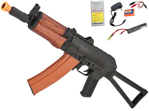 CYMA Sport AKS74U Airsoft AEG Rifle w/ Real Wood Furniture (Package: Add 7.4v LiPo Battery + Charger)