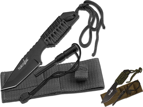 Survivor 7 Cord Wrapped Fixed Blade Survival Knife with Sheath and Fire Starter (Color: OD Green)