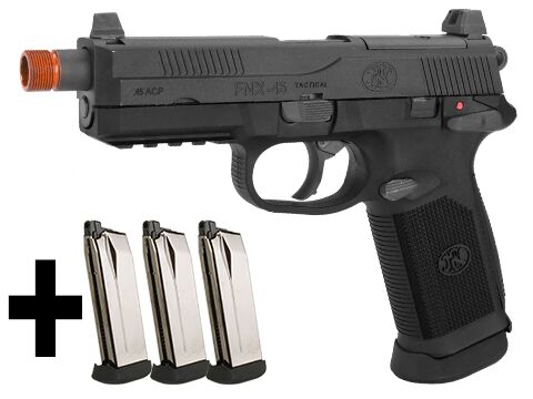 Cybergun FN Herstal Licensed FNX-45 Tactical Airsoft Gas Blowback Pistol by VFC (Color: Black / Add 3 Extra Magazines)