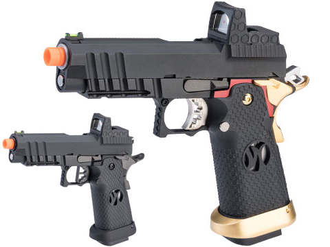 AW Custom HX26 Match King Compact Hi-CAPA Full Auto Select Fire GBB Pistol (Color: Black w/ Red & Gold Trim)