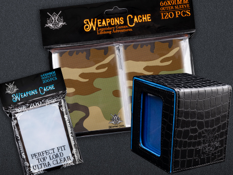 Weapons Cache Protect Bundle with WC Art Series Outer and Perfect Fit Inner Card Sleeves and a WC Commander Bunker Deck Box (Style: Woodland Camo / Black & Blue)