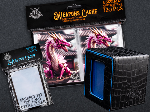 Weapons Cache Protect Bundle with WC Art Series Outer and Perfect Fit Inner Card Sleeves and a WC Commander Bunker Deck Box (Style: Mythic Dragon / Black & Blue)