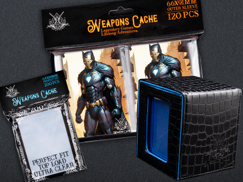 Weapons Cache Protect Bundle with WC Art Series Outer and Perfect Fit Inner Card Sleeves and a WC Commander Bunker Deck Box (Style: Iron Bat / Black & Blue)