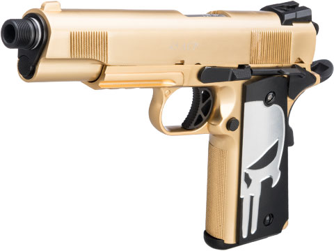 WE-Tech Custom Gold Plated Railed Frame 1911 Airsoft Gas Blowback Pistol w/ Aluminum Skull Grips