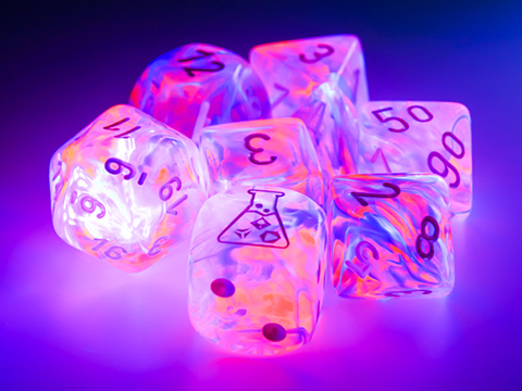 Chessex Lab Nebula Black Light Special White Polyhedral 7-Dice Set w/ Bonus Die