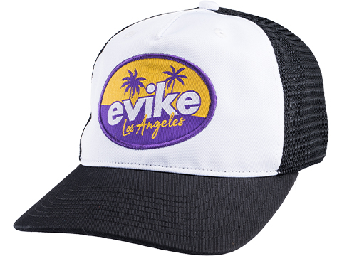 Evike.com Curved Brim 5-Panel Trucker Cap (Color: White on Black / Los Angeles Yellow and Purple)