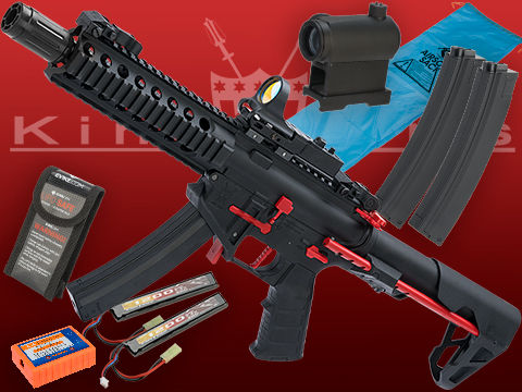 King Arms PDW 9mm SBR Airsoft AEG Rifle (Color: Black & Red / Long / Go Airsoft Package w/ Optic)