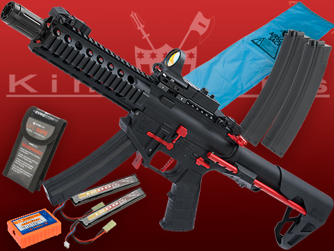 King Arms PDW 9mm SBR Airsoft AEG Rifle (Color: Black & Red / Long / Go Airsoft Package)