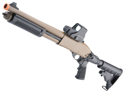 Golden Eagle Full Metal M870 Tri Shot Pump Action Airsoft Shotgun (Model: CQB / Tan)