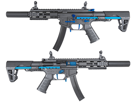 King Arms PDW 9mm SBR Airsoft AEG Rifle (Color: Black & Blue / Silenced M-LOK)