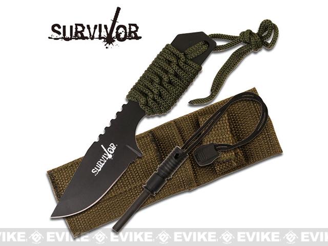 Survivor 7 Cord Wrapped Fixed Blade Survival Knife with Sheath and Fire Starter (Color: OD Green)