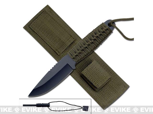 Survivor 8 Cord Wrapped Fixed Blade Survival Knife with Sheath and Fire Starter - OD Green