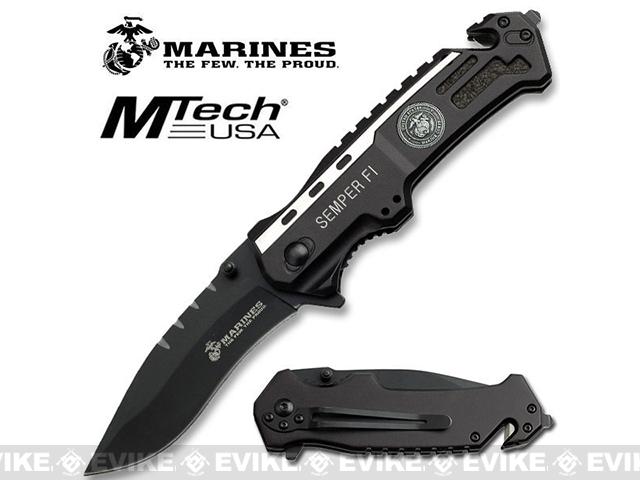 USMC Marine Leatherneck Assisted Opening Folding Rescue Knife with 3.25 Clip Style Blade Seatbelt Cutter & Glass Breaker - Black