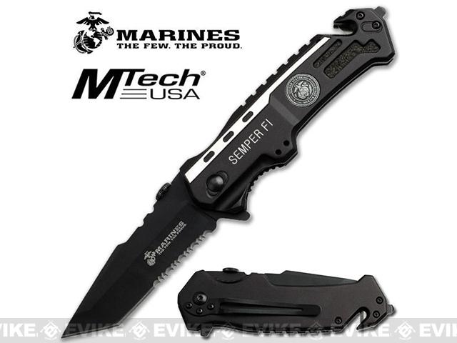 USMC Marine Leatherneck Assisted Opening Folding Rescue Knife with 3.25 Spear Point Blade - Black