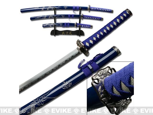 Blue Dragon 3 piece Japanese Style Sword Set with Stand (Color: Blue)