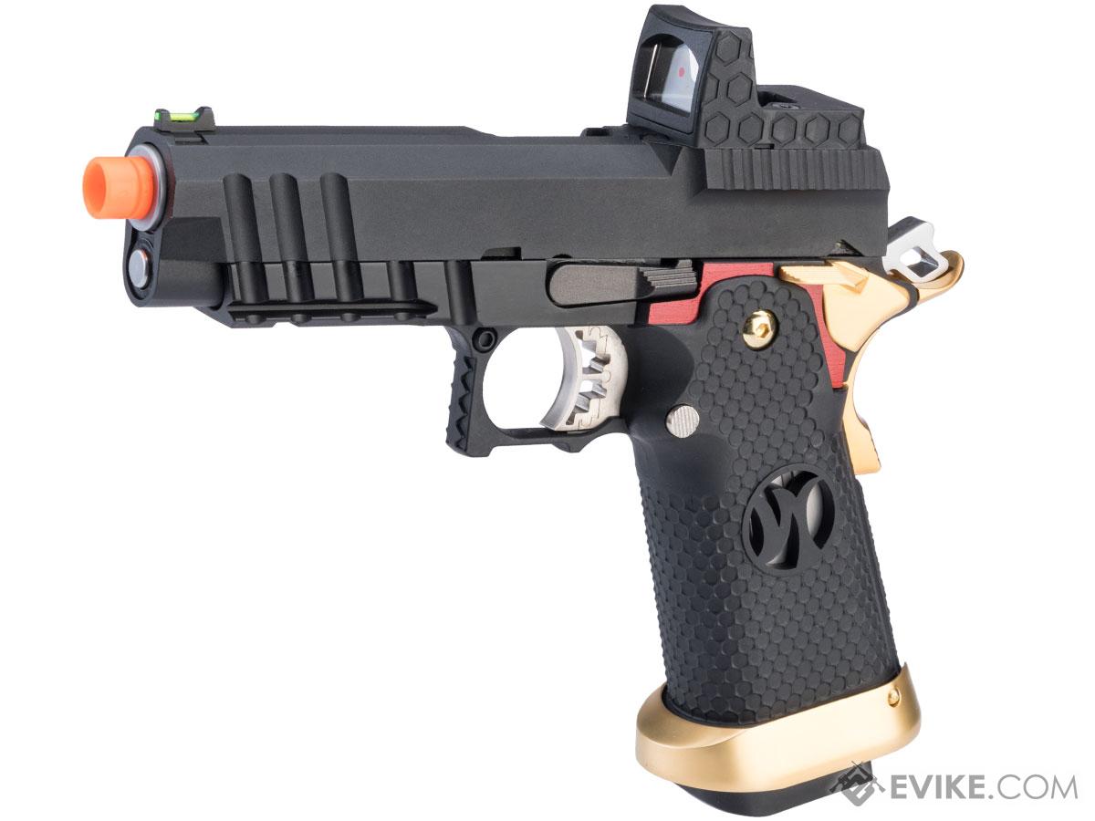 AW Custom HX26 Match King Compact Hi-CAPA Full Auto Select Fire GBB Pistol (Color: Black w/ Red & Gold Trim)