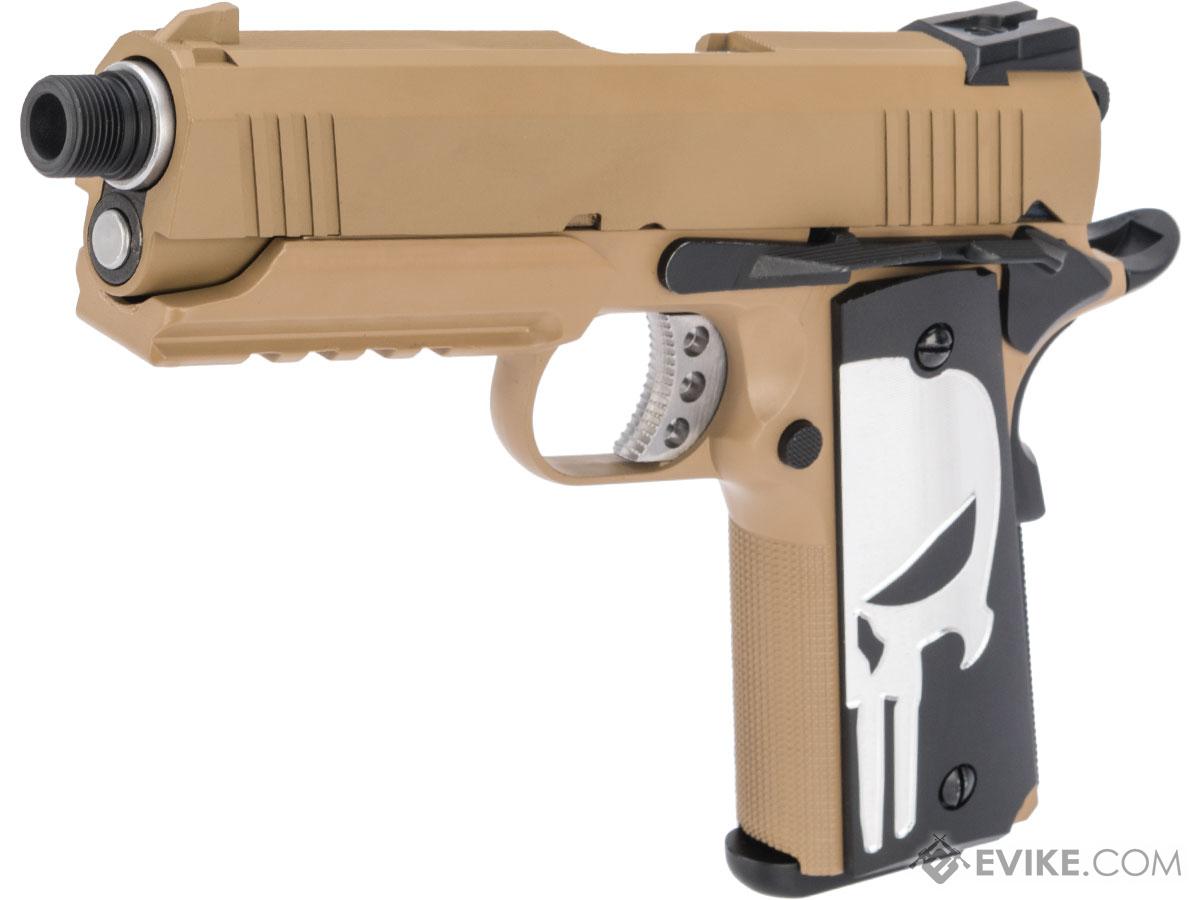 WE-Tech Custom 1911 Desert Warrior Socom 4.3 Airsoft Gas Blowback Pistol w/ Seal Skull Grips