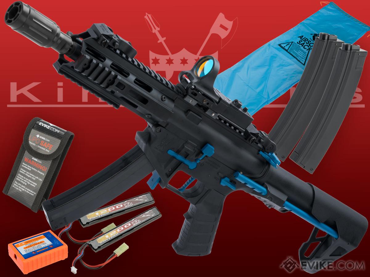 King Arms PDW 9mm SBR Airsoft AEG Rifle (Color: Black & Blue / M-LOK / Go Airsoft Package)