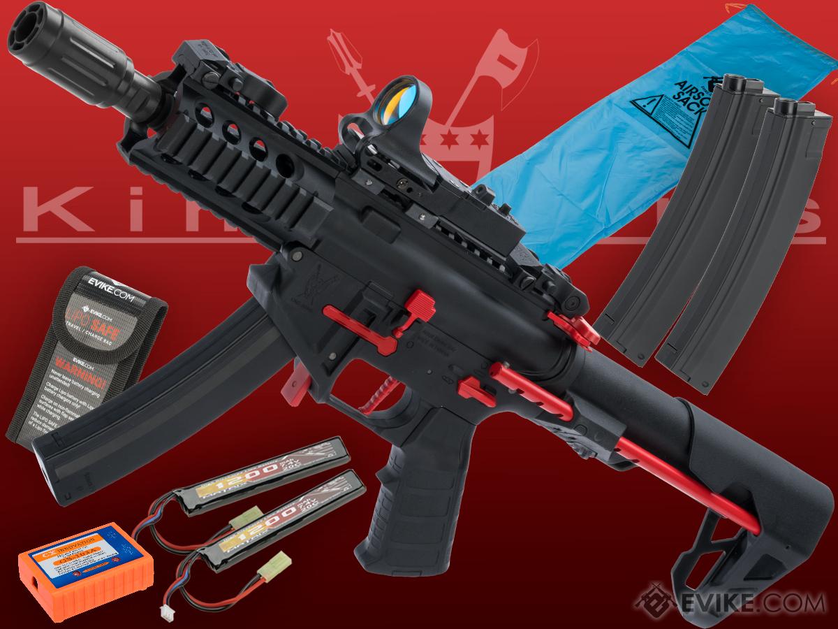 King Arms PDW 9mm SBR Airsoft AEG Rifle (Color: Black & Red / Shorty / Go Airsoft Package)