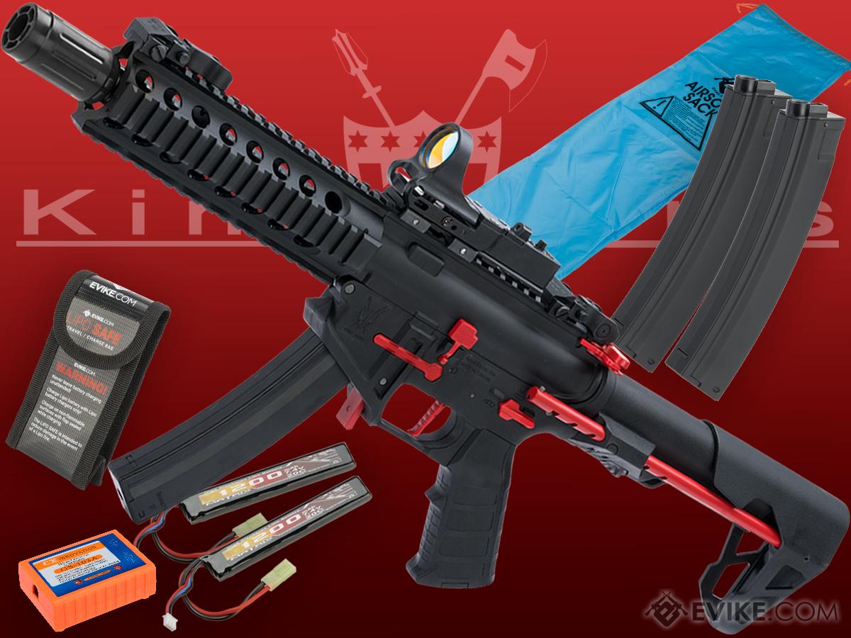 King Arms PDW 9mm SBR Airsoft AEG Rifle (Color: Black & Red / Long / Go Airsoft Package)