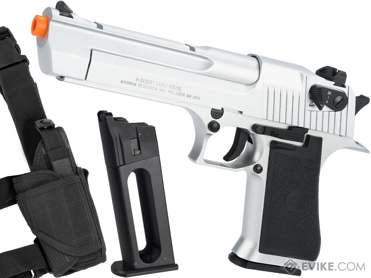 Cybergun Magnum Research Licensed Full Auto Select Fire Desert Eagle CO2 Gas Blowback Airsoft Pistol by KWC (Color: Silver / Add Magazine + Holster)