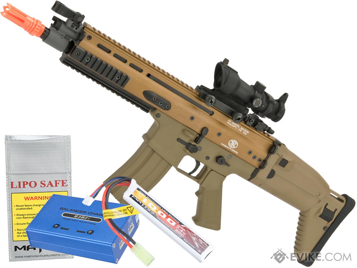 FN Herstal Licensed Full Metal SCAR-L Airsoft AEG Rifle by Cybergun (Color: Tan / Add 7.4v LiPo Battery + BMS Charger + LiPo Safe)