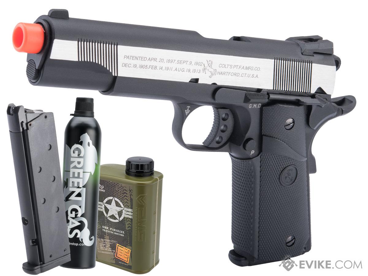 Cybergun Colt Licensed 1911 Airsoft Gas Blowback Pistol (Color: Two-Tone Silver - Black / MEU / Gas / Essentials Pack)