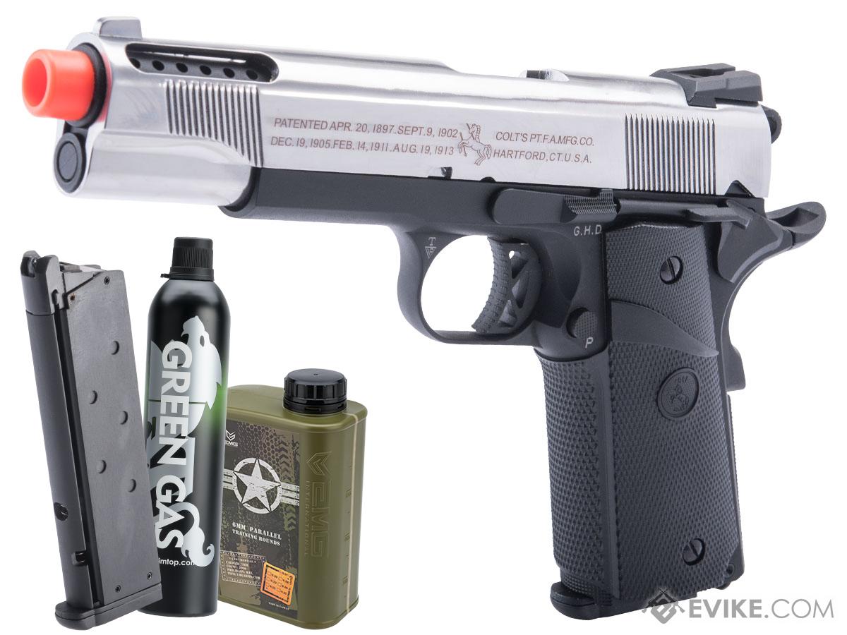 Cybergun Colt Licensed 1911 Airsoft Gas Blowback Pistol (Color: Two-Tone Silver - Black / SRV-12 / Gas / Essentials Pack)