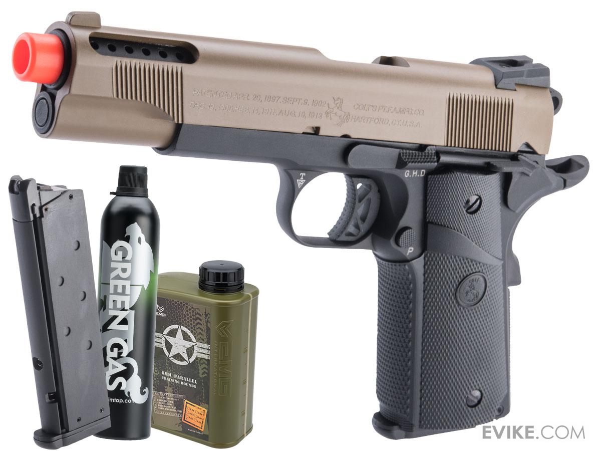 Cybergun Colt Licensed 1911 Airsoft Gas Blowback Pistol (Color: Two-Tone Tan - Black / SRV-12 / Gas / Essentials Pack)