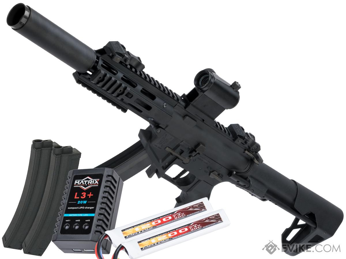 King Arms PDW 9mm SBR Airsoft AEG Rifle (Color: Black / Silenced M-LOK / Go Airsoft Package w/ Optic)
