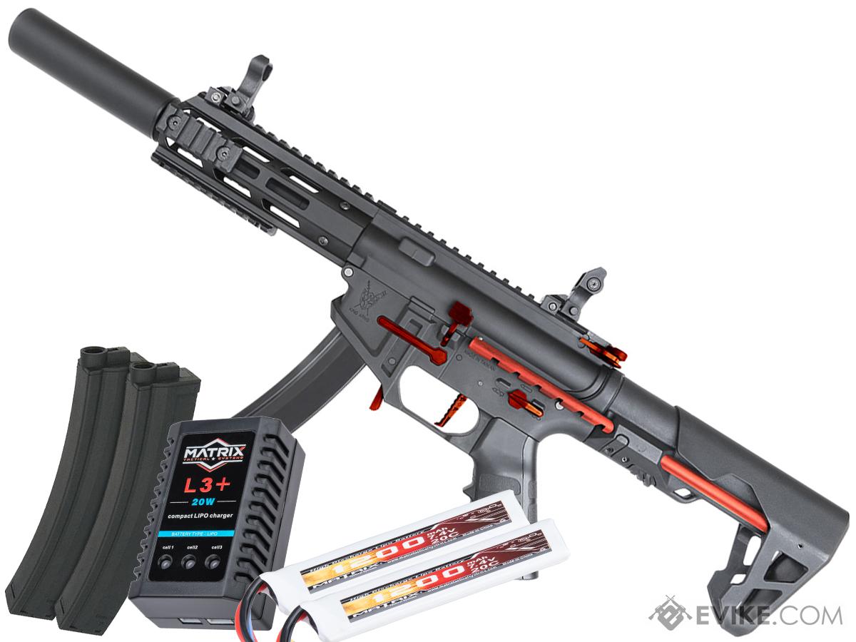 King Arms PDW 9mm SBR Airsoft AEG Rifle (Color: Black & Red / Silenced M-LOK / Go Airsoft Package)