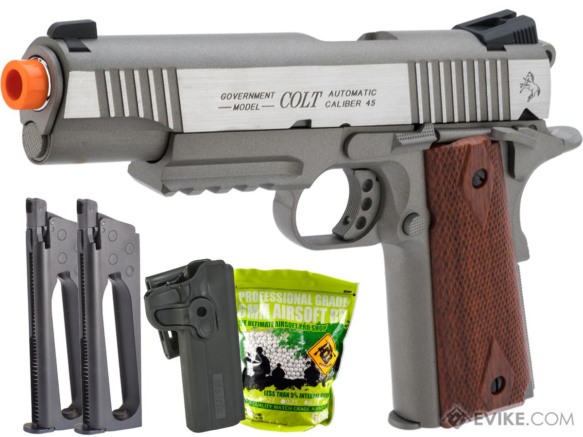 Colt Licensed 1911 Tactical Full Metal CO2 Airsoft Gas Blowback Pistol by KWC (Model: Stainless Railed / Carry Package)